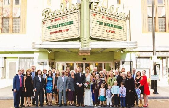 Wedding party in front of Boulder Theater marquee