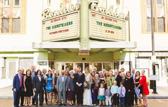 Wedding party in front of Boulder Theater marquee