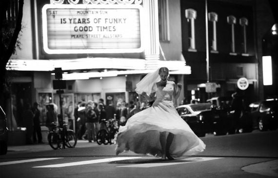 Bride in front of Boulder Theater marquee