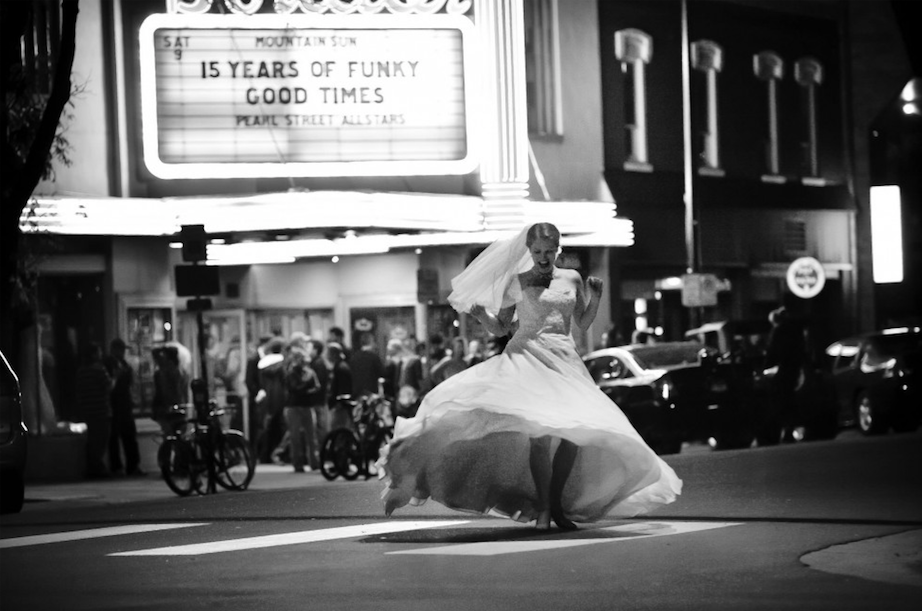 Bride in front of Boulder Theater marquee